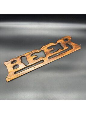 Vintage Key Holder Carved Wooden Beer 1970s Wall Hanging Brown Kitschy Storage